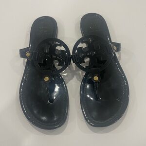 Tory Burch Black Patent leather Sandals with Gold Accents